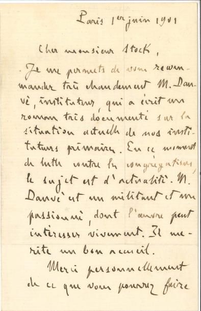 null Émile ZOLA LAS, Paris 1er juin 1901, à l’éditeur Pierre-Victor Stock ; 1 page...