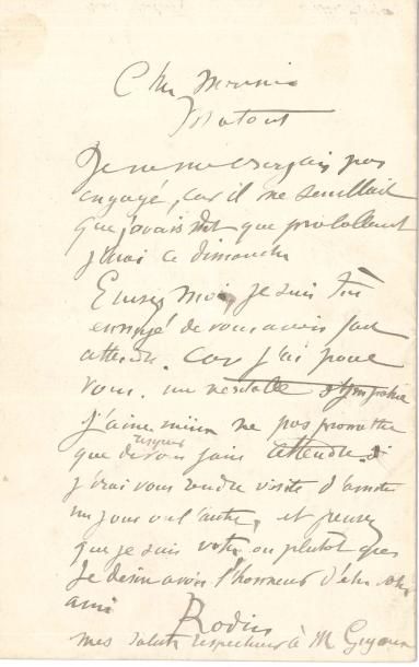 null Auguste RODIN (1840-1917) LAS, au peintre Louis Matout ; 1 page in-8
 « Je ne...