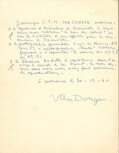 null Kees VAN DONGEN (1877-1968) 2 LAS et 1 PAS, [1924]-1960 et sd ; sur 3 pages...