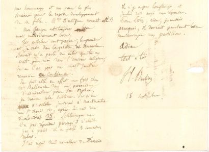 null Hector BERLIOZ (1803-1869) LAS, [Montmartre] 15 septembre [1836], à Joseph d’Ortigue...