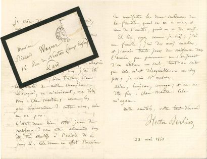 null Hector BERLIOZ LAS, 23 mai 1860, à Richard Wagner, à Paris ; 3 pages in-8, enveloppe...