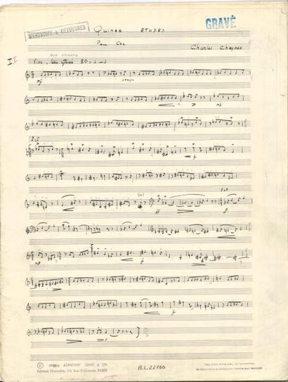 null Charles CHAYNES (1925-2016) Manuscrit musical autographe signé, Quinze Études...