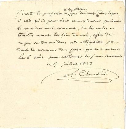 null Luigi CHERUBINI (1760-1842) LAS, 17 juillet 1823 ; demi-page petit in-4
 Comme...