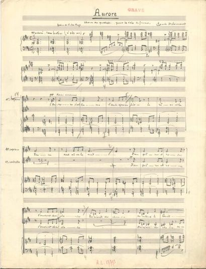 null Claude DELVINCOURT (1888-1954) Manuscrit musical autographe signé, Aurore, chœur...