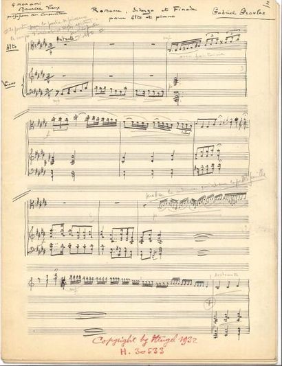 null Gabriel GROVLEZ Manuscrit musical autographe signé, Romance, Scherzo et Finale...