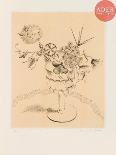 null Kiyoshi Hasegawa (1891-1980)
Fleurs des champs dans un verre à pied. 1931. Pointe...