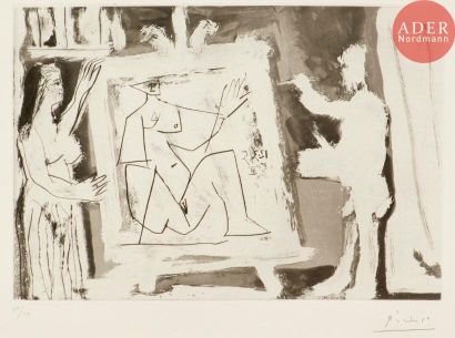 null Pablo Picasso (1881-1973)
Peintre et modèle devant une toile. 1965. Aquatinte...
