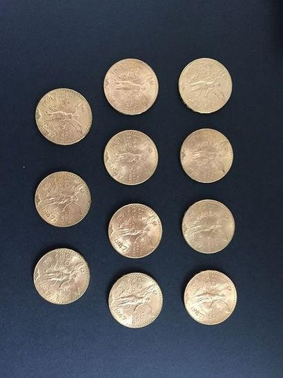 11 pièces de 50 Pesos en or dans un sachet...