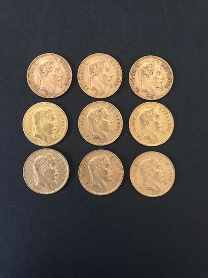 null 9 pièces de 20 Francs en or.
 Type Napoléon III Lauré. 1863 BB - 1863 A - 1864...