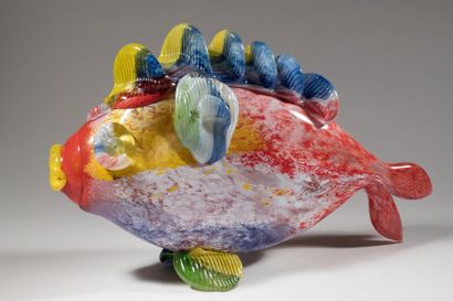 null Jean-Claude NOVARO (1943-2015)
 Sculpture-poisson en verre soufflé, corps rose,...