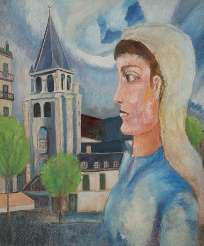 null Pierre GIRAUD (1913-1988)
Femme devant l’église, vers 1953
Huile sur isorel
Non...