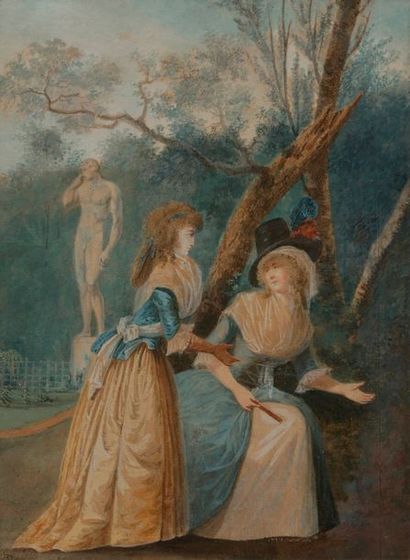 null ÉCOLE FRANÇAISE vers 1800
Deux dames conversant dans un parc
Aquarelle gouachée.
(Bande...