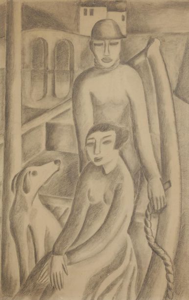 null ÉCOLE MODERNE
Couple et son chien, vers 1920-30
Fusain.
Non signé.
53.5 x 34...