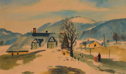  Lore FELDBERG-EBER (1895-1966) Village de montagne Aquarelle. Signée en bas à droite....