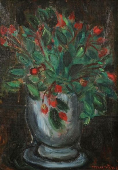  MARTINE MARTINE (née en 1932) Bouquet au vase bleu Huile sur toile. Signée en bas...