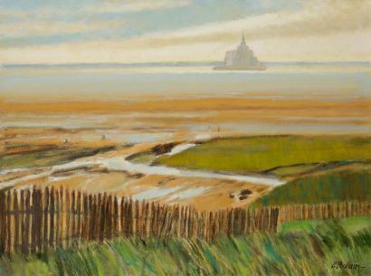  Pierre POULAIN (né en 1927) Paysage duy Mont Saint Michel Huile sur toile. Signée...