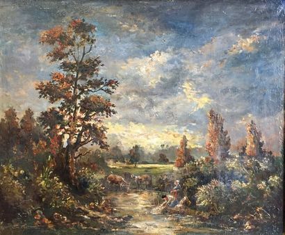 null Edmond RENAUT (1829-1905)
Le Soir, bord de rivière animé
Huile sur toile;
Signée...