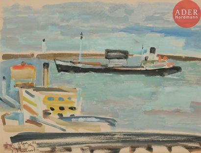 Pierre PRUVOST (1921-2008) 
Alger, cargo entrant au port, 1952
Gouache.
Signée, datée...