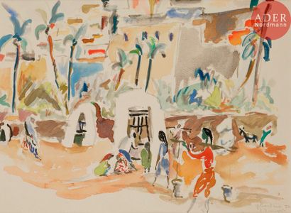 Pierre PRUVOST (1921-2008) 
Rue animée à Ghardaïa, 1952
Aquarelle.
Signée, datée...