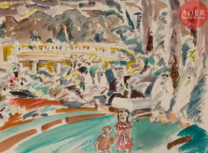Pierre PRUVOST (1921-2008) Alger, paysage animé Aquarelle sur traits de crayon. Signée...