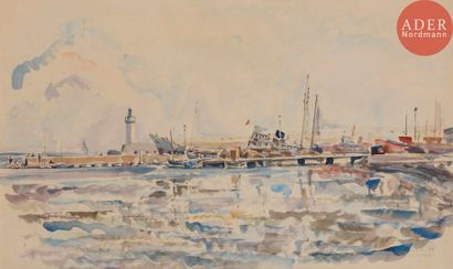 Pierre PRUVOST (1921-2008) Antibes, le port, 1956 Aquarelle. Signée, datée et située...