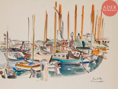 Pierre PRUVOST (1921-2008) 
Antibes, le port
Encre et aquarelle.
Signée et située...