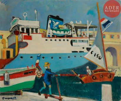 Pierre PRUVOST (1921-2008) 
Antibes, le port à la trottinette, 1960
Huile sur carton...