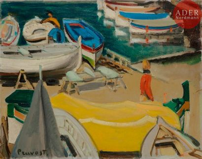 Pierre PRUVOST (1921-2008) Antibes, barques à la Salis, 1960 Huile sur toile. Signée...