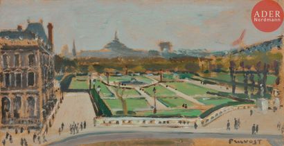 Pierre PRUVOST (1921-2008) 
Paris, les Tuileries, 1965
Huile sur carton.
Signée en...