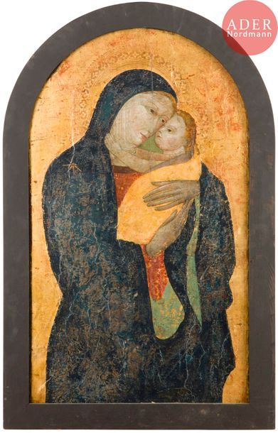  Dans le goût de l’école ITALIENNE du XIIIe siècle Vierge à l’Enfant Panneau renforcé,...