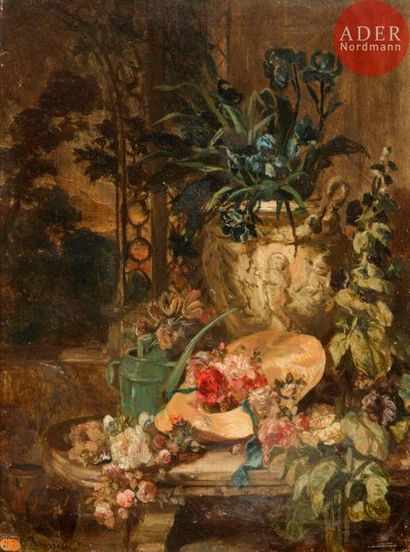  Philippe ROUSSEAU (Paris 1816 - Acquigny 1887) Nature morte au bouquet d’iris, chapeau...