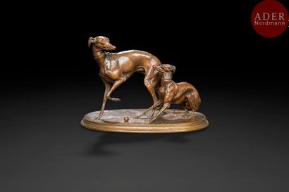 null Pierre-Jules Mene (1810 - 1879)
Groupe de deux levrettes jouant à la boule
Bronze...