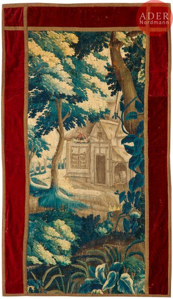 null Tapisserie d’Aubusson représentant une maison forestière ; bordures de velours...