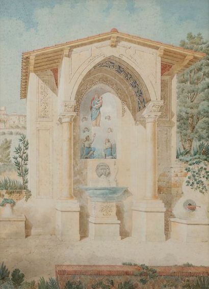 null École FRANCAISE du milieu du XIXe siècle
La Chapelle à la fontaine, 1845
Aquarelle...
