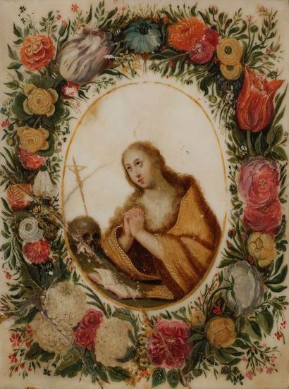 null École FLAMANDE du XVIIe siècle 
Marie-Madeleine dans une couronne de fleurs...