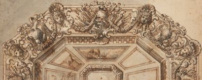 null École ITALIENNE vers 1700
Projet de plafond octogonal à trophées d’armes, aigles...