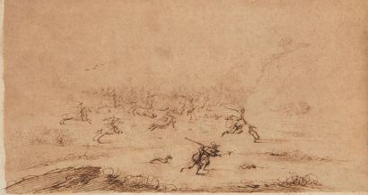 null Adrien MANGLARD (1695-1760)
Paysage fluvial animé
Pierre noire et lavis gris.
(Rousseurs,...