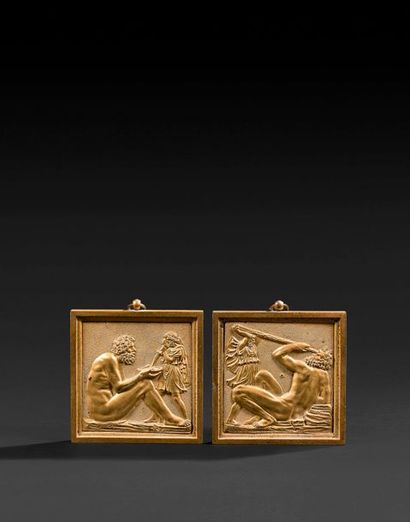 null Paire de plaquettes en bronze doré représentant deux scènes de l’Odyssée, l’une...