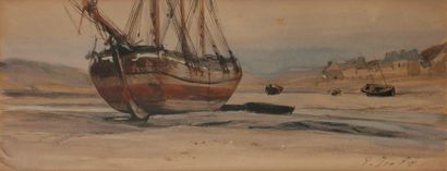 null Eugène ISABEY (1803 - 1886)
Barque échouée 
Aquarelle gouachée 
13,2 x 33 cm
Signé...