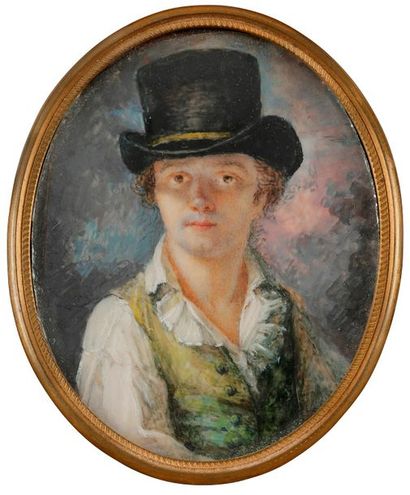null Lié Louis PERIN-SALBREUX (Reims 1753 - 1817)
Autoportrait au chapeau 
Gouache...