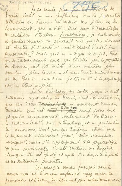 null Jacques de LACRETELLE (1888-1985). Manuscrit autographe signé ; 2 pages et demie...
