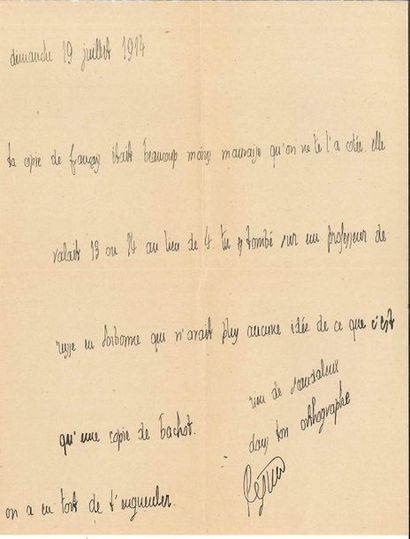 null Charles PÉGUY. L.A.S., 19 juillet 1914, à son fils Marcel Péguy ; 1 page petit...