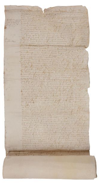 null BRETAGNE. Charte, 7 août 1522 ; 4 vélins cousus en rouleau (196 x 34 cm) ; en...