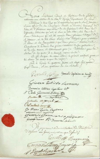 null CORSE. P.S. par 16 officiers et administrateurs, Ajaccio 14 juillet 1792 ; 1...