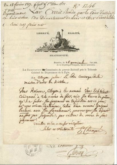 null JUSTICE. 3 pièces, 1796-1817. 
 L.A.S. par E. Chompré, Substitut Commissaire...