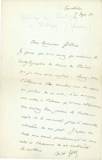 null André GIDE (1869-1951). L.A.S., Cavalière 7 septembre 1910, à Georges Gilbert...