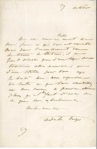 null Adèle HUGO (1803-1868) femme de Victor Hugo. L.A.S., 27 octobre [1833], à M....