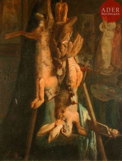 null Eugène PINTE (XIXe siècle)
Trophée de chasse dans l'atelier
Huile sur toile.
Signée...