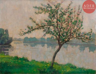 null Adrien SEGERS (1876-1950)
Arbres en fleurs et reflets d'eau, 1927
Huile sur...