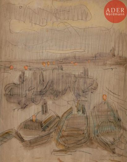 null Kees van DONGEN (1877-1968)
Péniches sur la Seine
Crayon et aquarelle.
Signé...